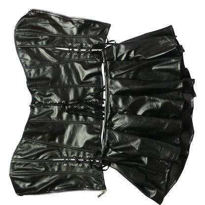 Gothic Leather Corset Dress - Overbust Bustier with Front Zipper, Lace-Up Back & Steampunk Style