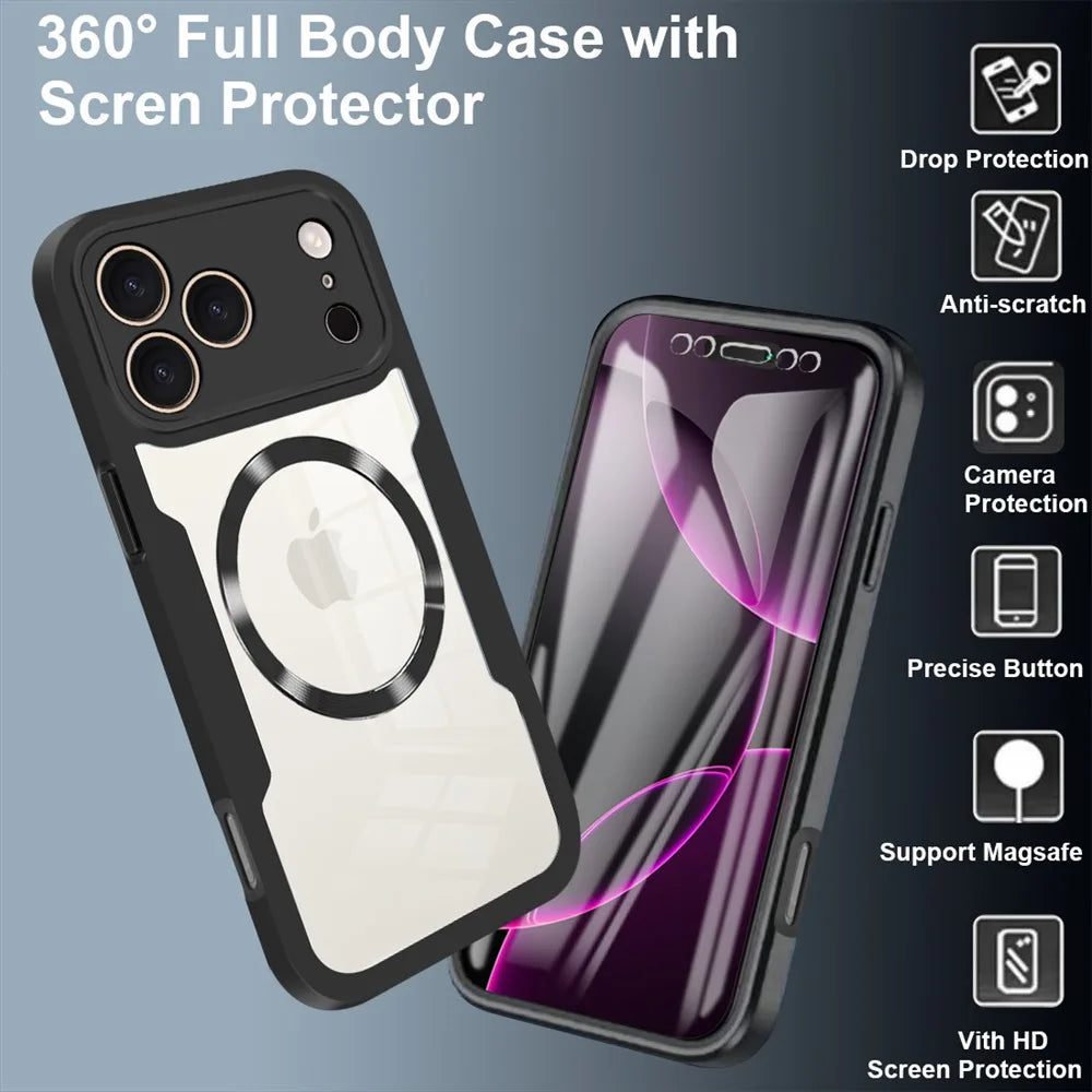 Magnetic 360° Clear iPhone Case - Full Protection with Screen Film Cover for Pro & Pro Max Models