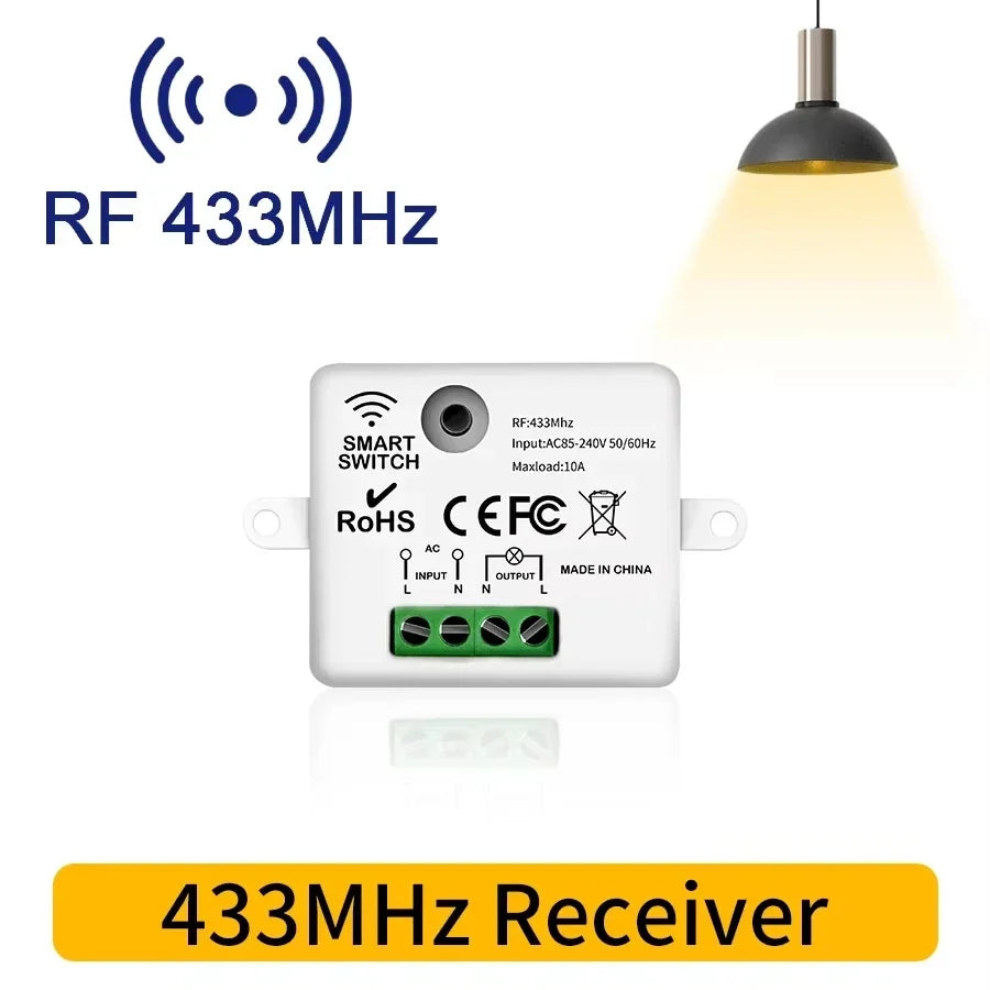 433MHz Wireless Relay Switch - 10A Remote Control Light Receiver with Wall Panel for LED Lamps 110V 220V