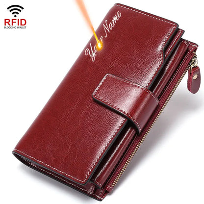 2024 New RFID Long Women’s Wallet — Genuine Leather Clutch with Zipper Coin Pocket, Card Holder & Printed Design