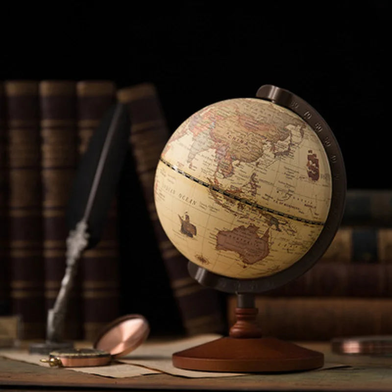 New World Globe – Retro Earth Map with Wooden Base, English Geography Education Desk Decoration