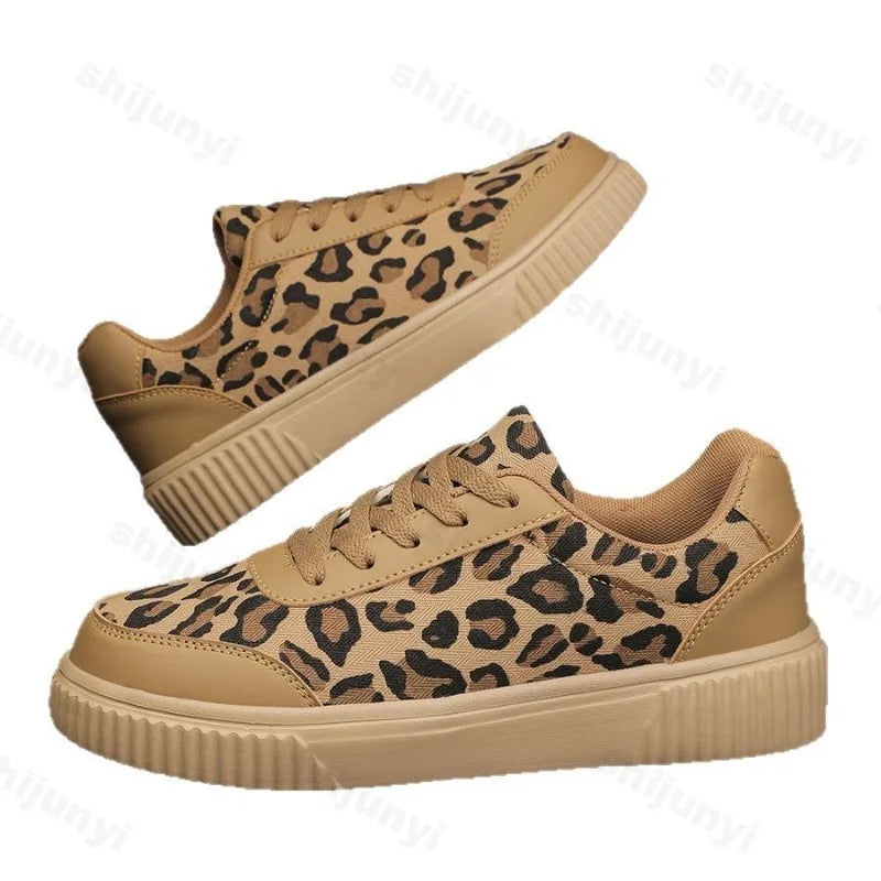 Women’s 2025 Leopard Print Sneakers – Retro Casual Shallow Mouth Chunky Shoes, Comfortable Versatile Spring Footwear