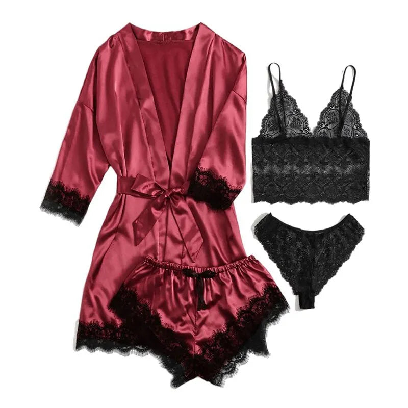 Stylish Women's Summer Lace Satin Sleepwear Set - Comfortable Pajama Pants and Silk Robe for a Sexy and Cozy Night