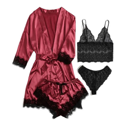 Stylish Women's Summer Lace Satin Sleepwear Set - Comfortable Pajama Pants and Silk Robe for a Sexy and Cozy Night