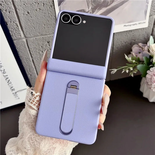 Samsung Galaxy Z Flip 8 Vegan Leather Case - Shockproof Stand Cover with Tempered Glass & Hinge Protection