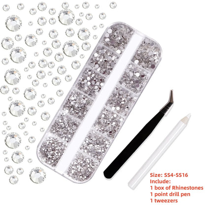 12-Grid 3D Glass AB Crystal Nail Art Rhinestones Kit – Flatback Round Beads with Tools for Nail Jewelry & Diamond Decoration