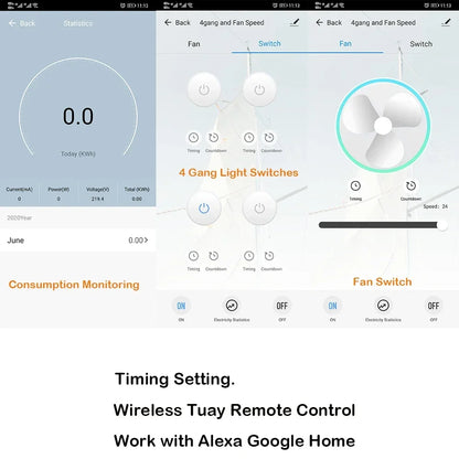 Tuya WiFi Smart Light Switch – 4 Gang Touch Panel, Fan Speed Dimmer, Power Metering, Alexa & Google Home Compatible