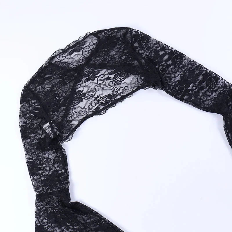 Lace Gothic See-Through Shrug Top – Black Flare Sleeve Crop Top, Vintage Punk Style for Women