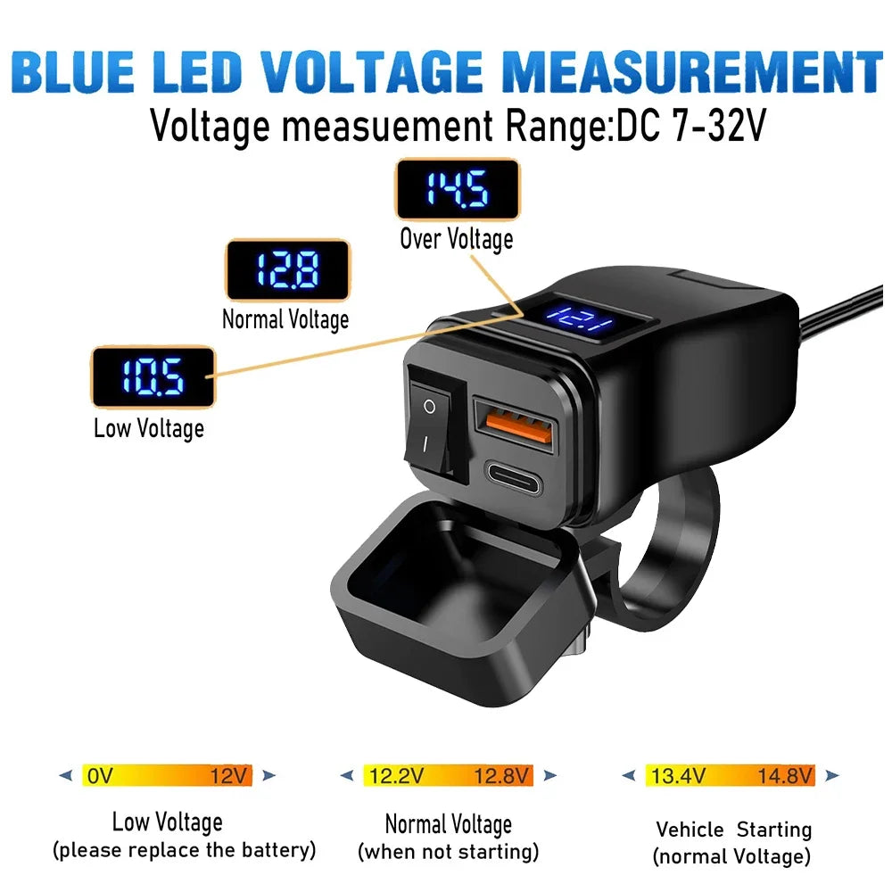 PD QC3.0 Motorcycle USB Fast Charger — 60W Dual USB Handlebar Socket with Switch & Voltmeter, Waterproof 12V Power Adapter