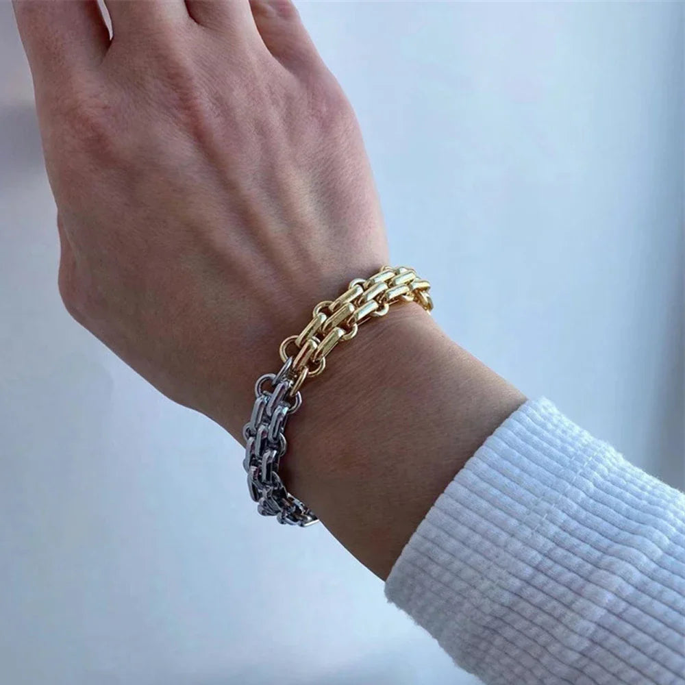 Women’s Punk Chunky Two-Tone Chain Bracelet – Gold & Silver Wide Link Statement Jewelry with Toggle Clasp