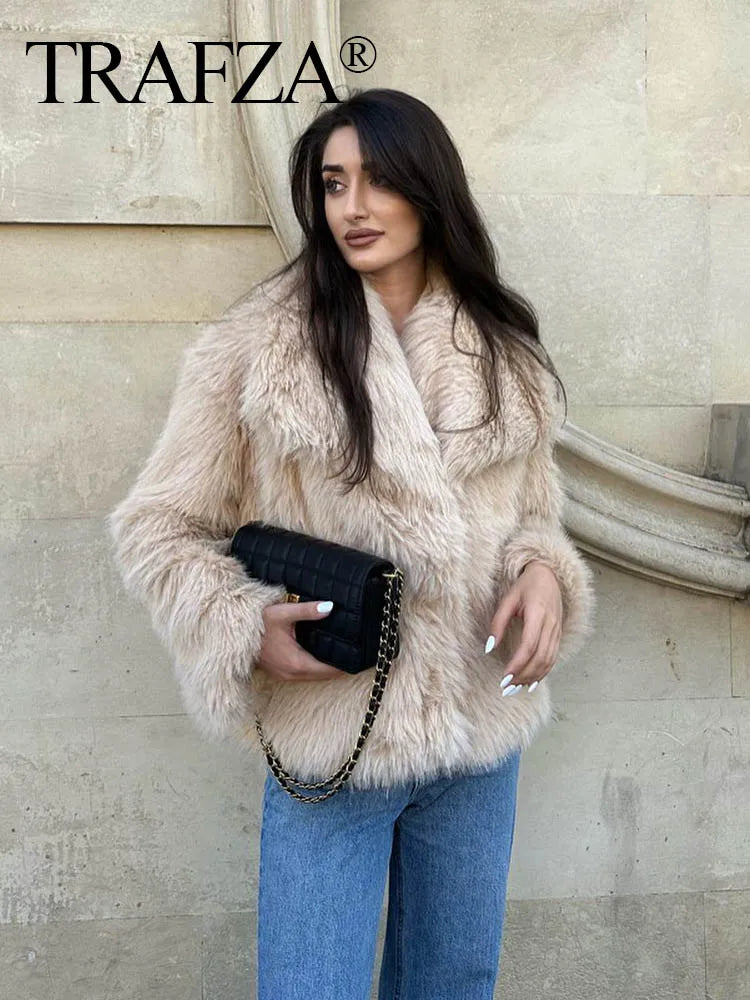TRAF 2024 Women's Cropped Faux Fur Jacket – Chic Lapel Collar, Long Sleeve, Front Snap-Button Thick Coat