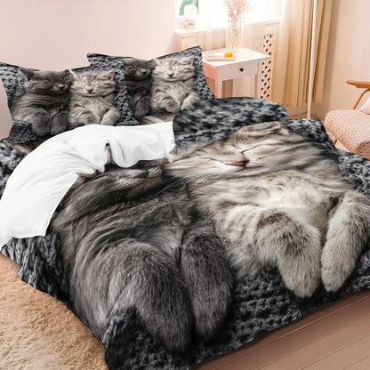 3-Piece Romantic Cat Print Duvet Cover Set - Soft Valentine’s Day Couple Bedding