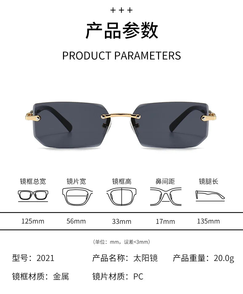 Rimless Rectangle Sunglasses — Fashion Small Square Shades for Men & Women, Summer Travel Eyewear