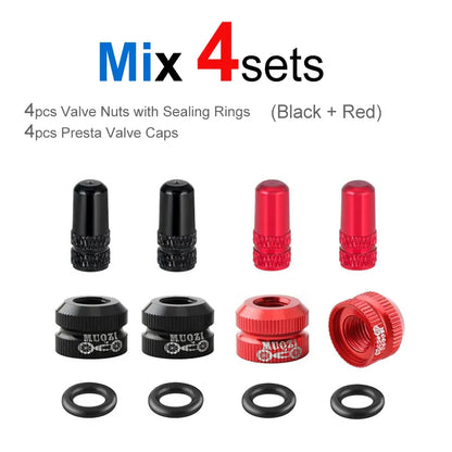 Bicycle Presta Valve Nut & Cap Set – Inner Tube Tire Nozzle Locking Screw with Sealing Ring Dust Protector