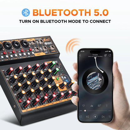 Debra Mini6 6-Channel Metal Audio Mixer Interface with Bluetooth & Delay Repeat Effect – OTG Sound Mixing Console for PC Recording