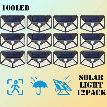 12 Pack Solar Outdoor Lights – 100 LED Wall Lamps with Motion Sensor, 270° Lighting Angle for Backyard and Garden