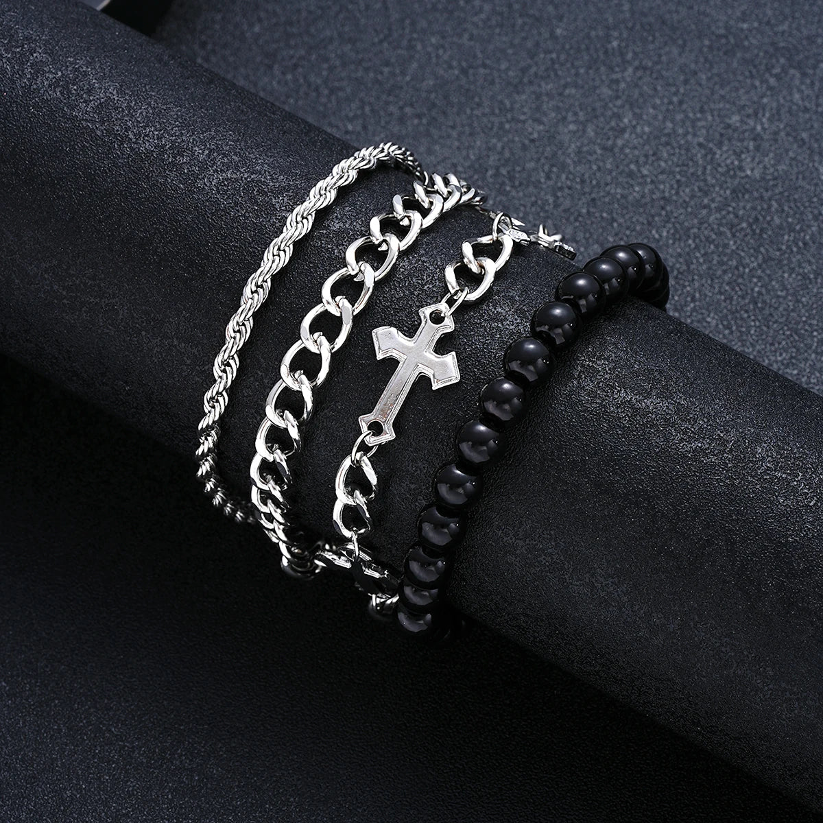 4-Piece Stainless Steel Bracelet Set - Punk Cross Bead Chain Bracelets for Men & Women