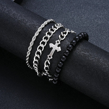 4-Piece Stainless Steel Bracelet Set - Punk Cross Bead Chain Bracelets for Men & Women