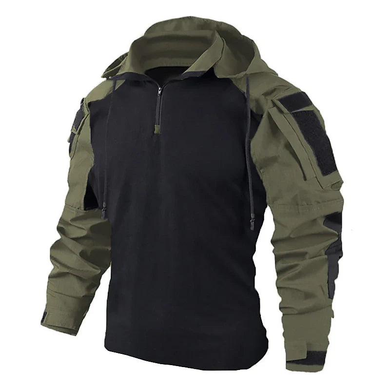 Men’s Tactical Camo Hooded Combat Shirt – Durable Cotton Airsoft & Paintball Hunting Outdoor Wear-Resistant Military Style T-Shirt