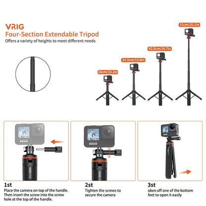 Aluminum Extendable Selfie Stick Tripod – Mini Portable Vlog Tripod for GoPro Hero 12-6, Osmo Action, Insta360 One R & X3