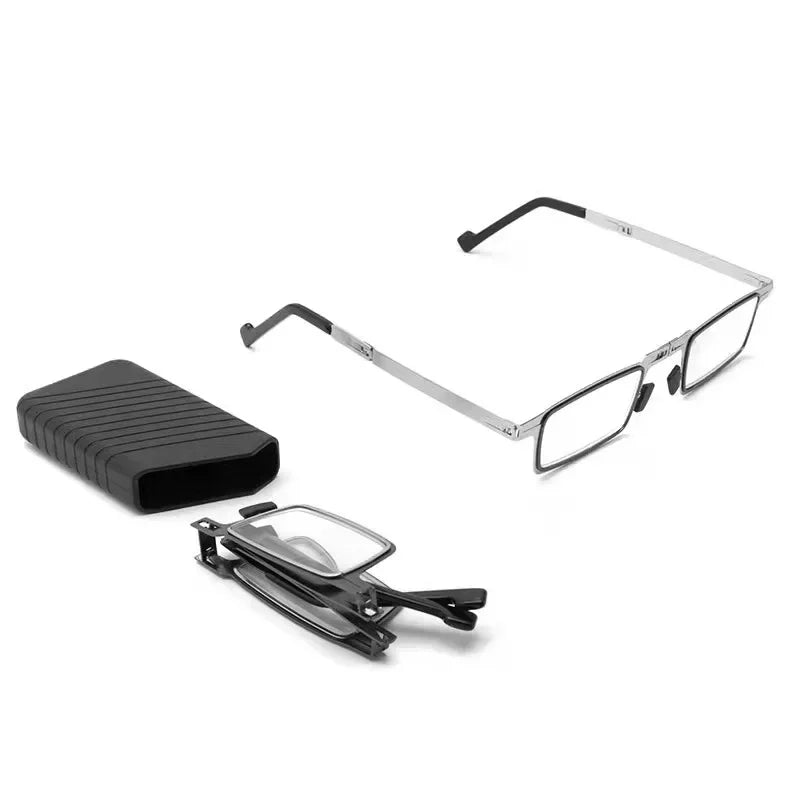 Unisex Folding Reading Glasses – Full Metal Frame, Transparent Lenses, Anti-Blue Light with Case