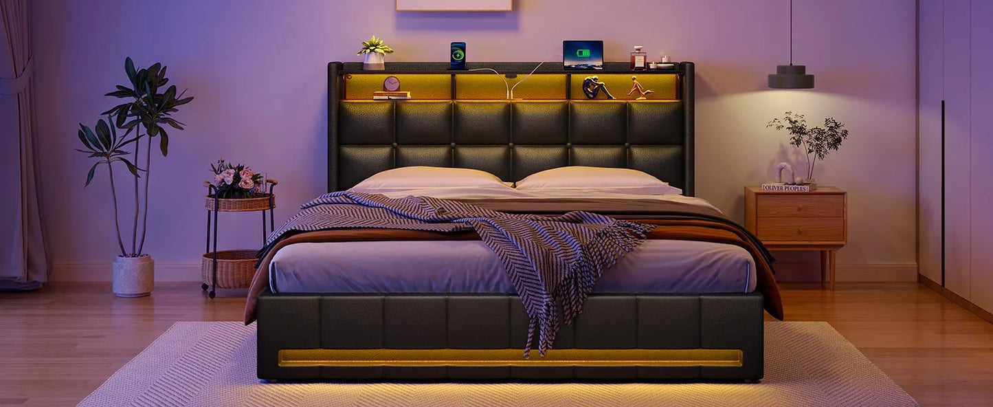 Twin Size Bed Frame with Lift-Up Storage – Charging Station, LED Lights & Upholstered Headboard, Heavy Duty Wooden Slats
