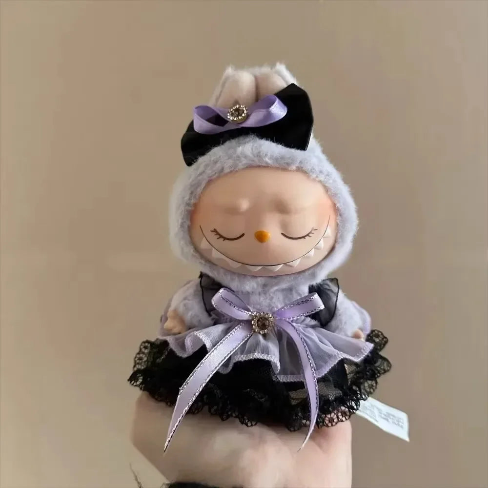 17cm Mini Plush Doll Clothes — Kpop Labubu Idol Outfit with Pink Silk Bow & Princess Gauze Skirt Accessories