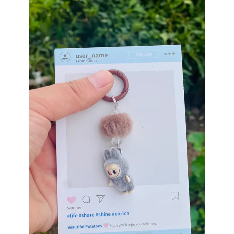 Labubu Mini Flocking Doll Keychain – Standing & Sitting Car, Bag, Phone, Backpack Charm Gift