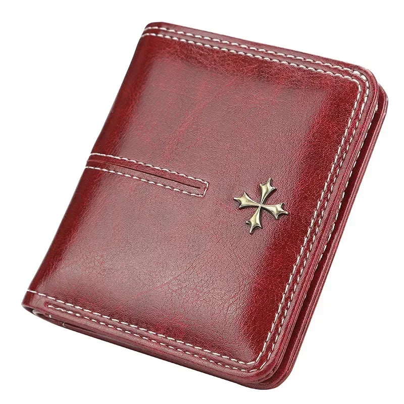 Women’s PU Leather Wallet — Short Hasp Coin & Card Holder, Small Money Bag Clutch in Blue & Red