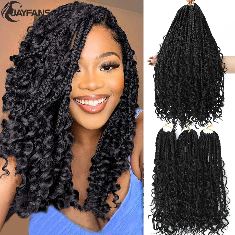 Jayfans Crochet Goddess Box Braids With Curly Ends - Bohemian Bob Style Synthetic Braiding Hair 1B 30 Blue Ombre Extensions