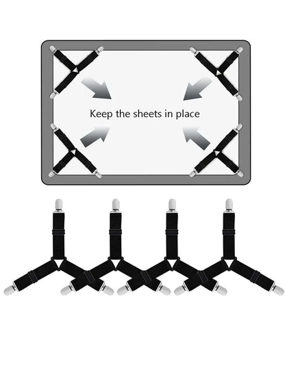 4 Pcs Adjustable Triangle Bed Sheet Holders - Fitted Sheet Clips and Mattress Gripper Suspenders for Secure Bedding