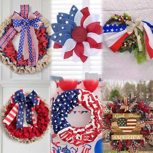 Handmade Patriotic Independence Day Garland – Red White & Blue Star Bow Door Decoration for Indoor & Outdoor Use, July 4th Home Decor