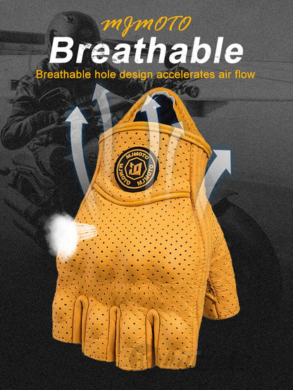 MJMOTO Retro Leather Motorcycle Half Finger Gloves – Touchscreen Motocross Gloves with Hard Shell Protection, Breathable Design