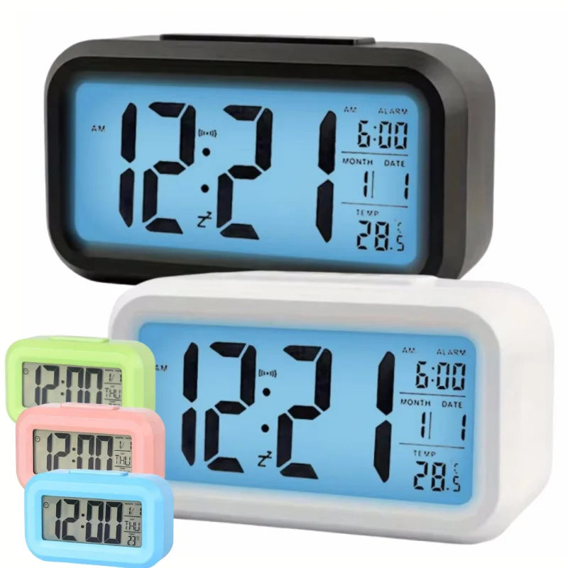 Smart Digital Alarm Clock – Black & White LCD with Temperature, Calendar, Timer & LED Light for Bedroom or Office (No Battery)