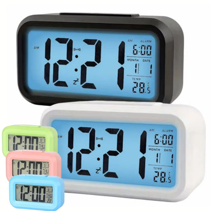 Smart Digital Alarm Clock – Black & White LCD with Temperature, Calendar, Timer & LED Light for Bedroom or Office (No Battery)
