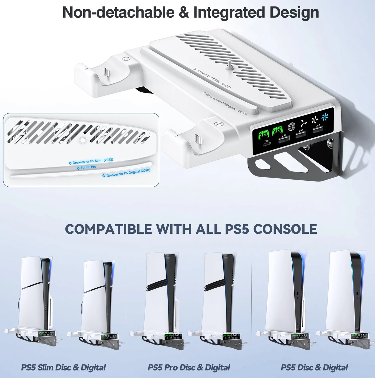 PS5/PS5 Slim/PS5 Pro Wall Mount Kit – With Charging Station, Cooling Fans & Headset Hanger, Behind-TV Wall Stand