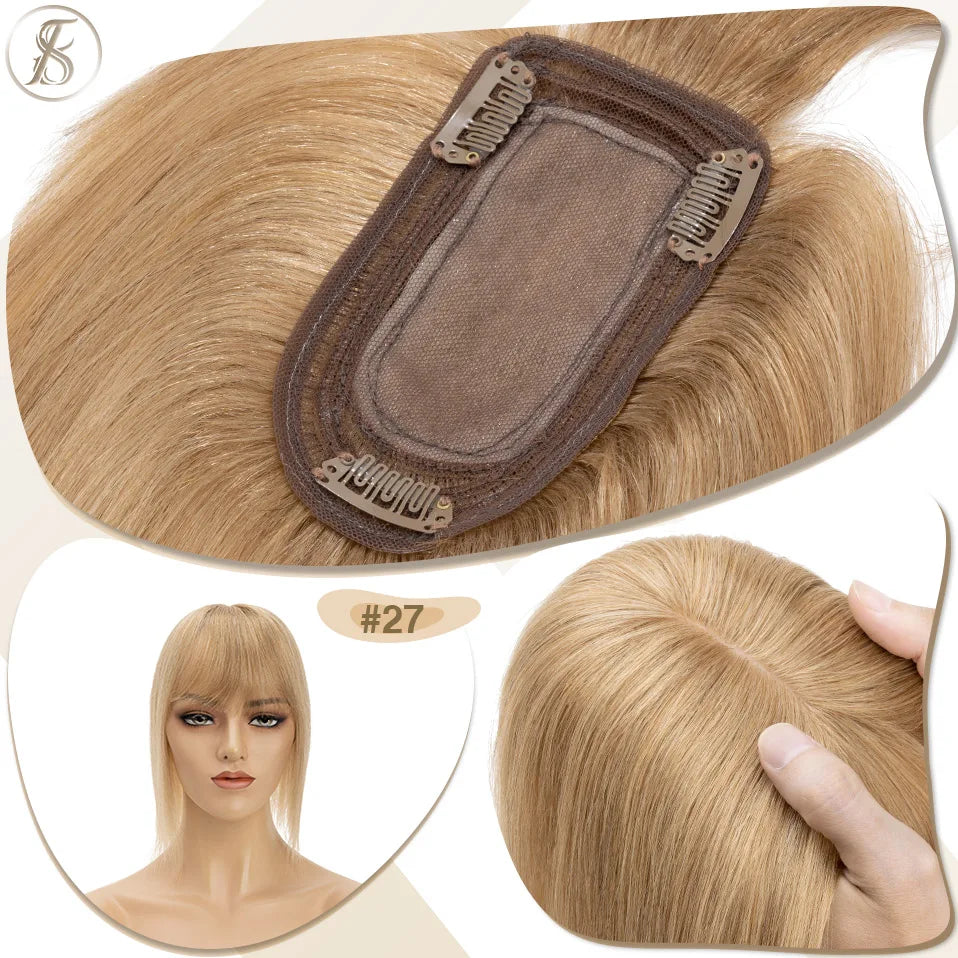 TESS Women Human Hair Topper With Bangs - 7x12.5cm Silk Base Clip In Hair Extension Natural Wigpiece