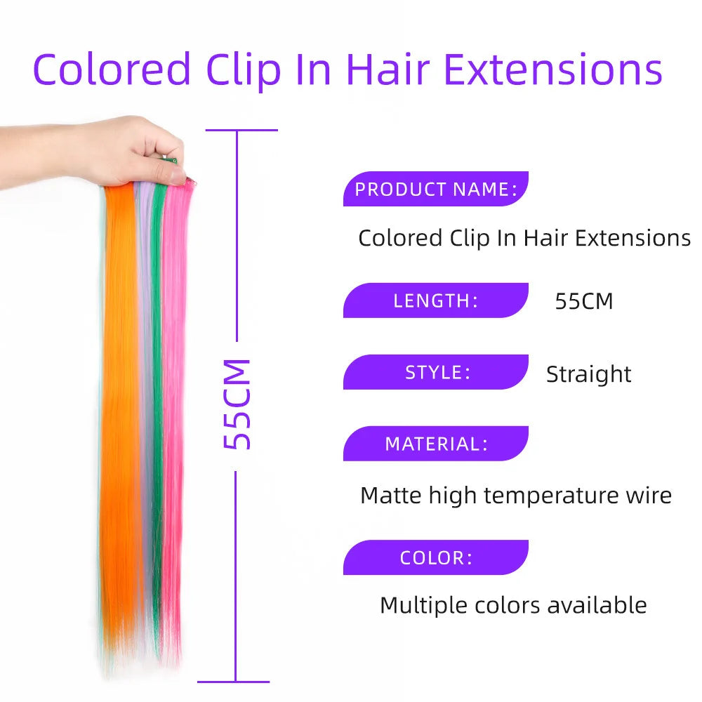 22-Inch Rainbow Highlight Synthetic Hair Extensions – Long Straight Colorful Hairpiece for Women & Kids