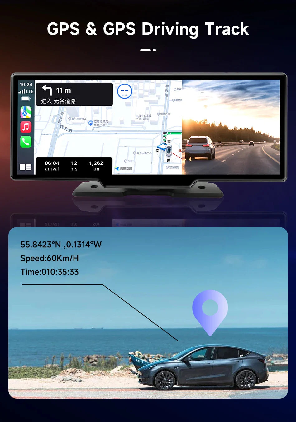 10.26'' 4K Car DVR Dashcam with CarPlay, Android Auto, Dual Lens Front 4K + Rear 1080P, Voice Control, GPS, BT, FM