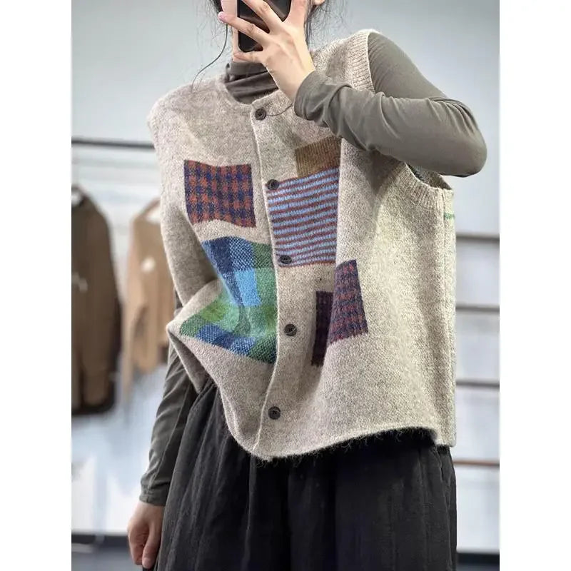 DIMANAF Plus Size Women’s Plaid Sleeveless Vest Sweater – Oversized Casual Loose Vintage Lady Knit Jumper Cardigan