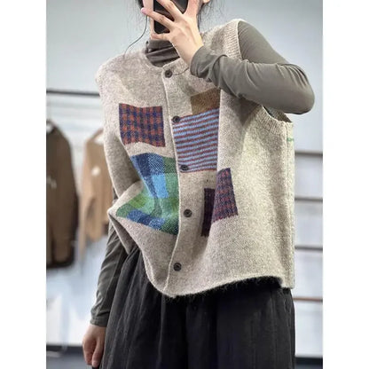 DIMANAF Plus Size Women’s Plaid Sleeveless Vest Sweater – Oversized Casual Loose Vintage Lady Knit Jumper Cardigan
