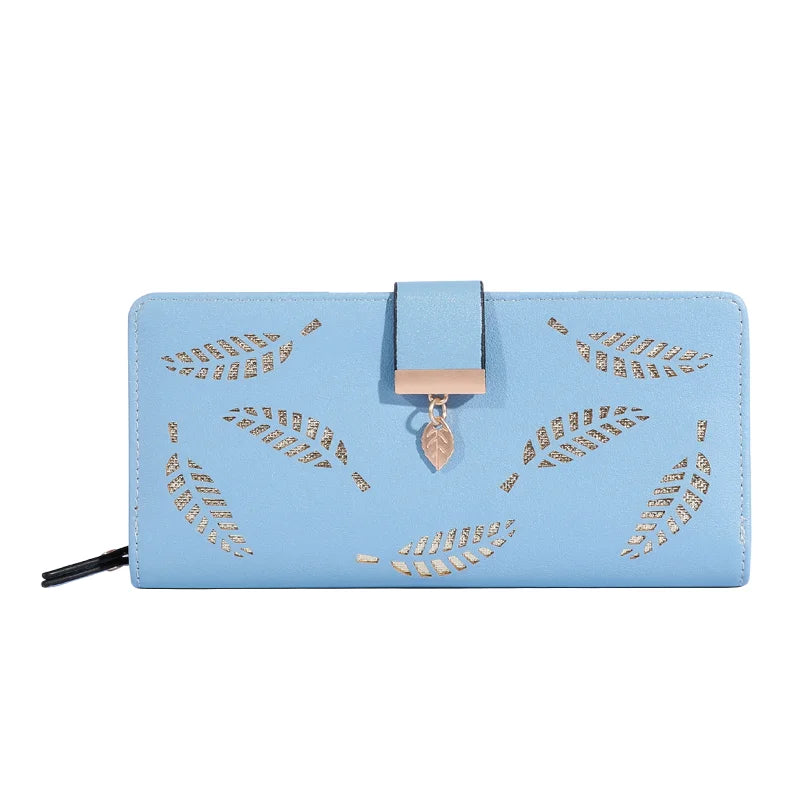 Women’s Long PU Leather Wallet – Gold Hollow Leaf Design Clutch Purse with Coin Pocket & Card Holders