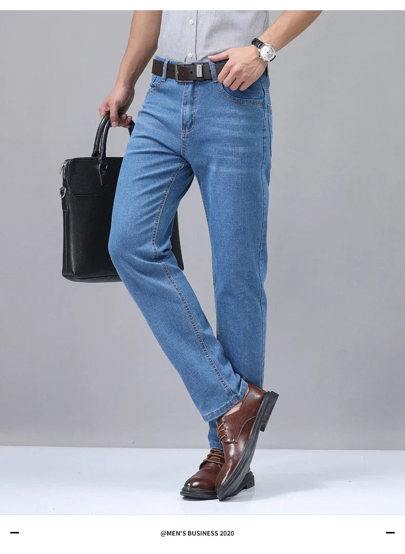 Men’s Casual Comfortable Jeans – Straight Loose Fit High Waist Elastic Trousers for All Seasons & Office Wear