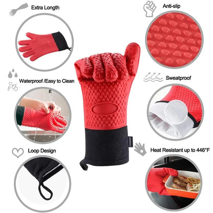 Heat-Resistant Silicone Gloves – Non-Slip Oven Mitts for Kitchen, BBQ, Baking & Cooking with Canvas Stitching