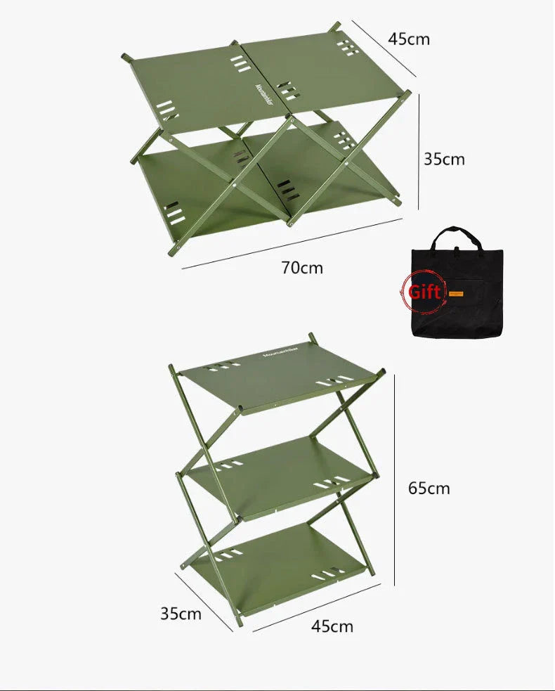 MOUNTAINHIKER Three-Tier Folding Rack – Portable Outdoor Storage Shelf for Camping, Picnic, BBQ & Garden Use