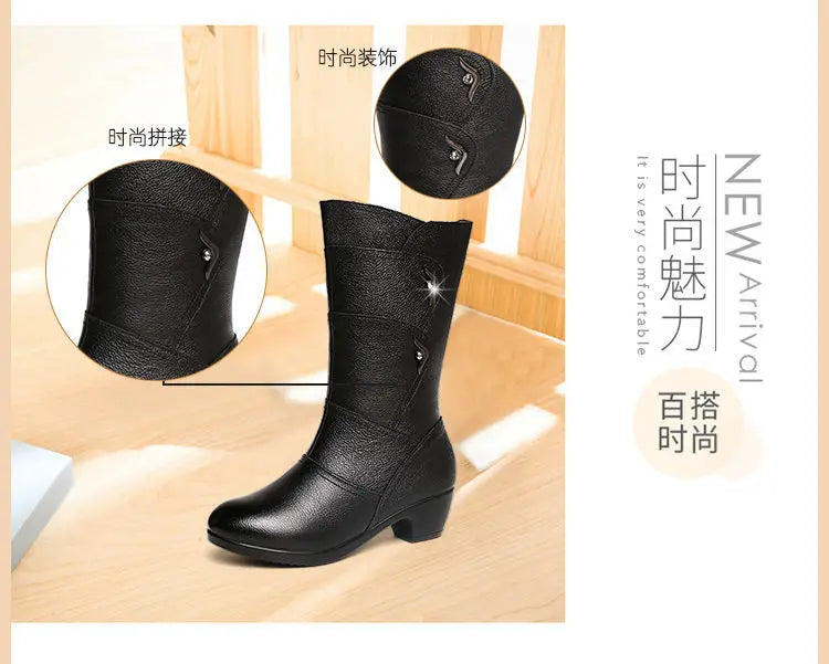 2024 Women’s Fashion Mid-Calf Boots – Waterproof Leather, Anti-Slip Zipper Winter Footwear