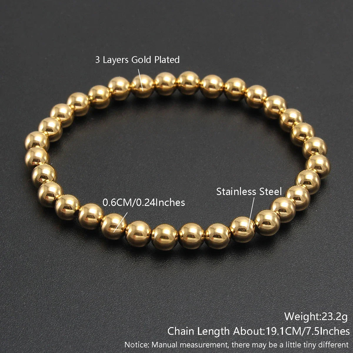 MHS.SUN Trendy Stainless Steel Stretch Bracelet — Gold & Silver Beaded 2mm/5mm/8mm for Men & Women