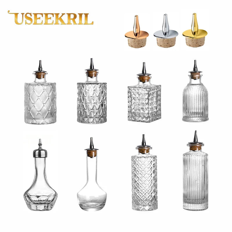 Vintage Glass Cocktail Bitters Bottles — Stainless Steel Cap Seasoning & Bar Accessories for Kitchen & Bartender Use
