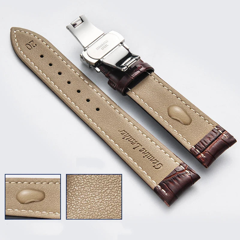Genuine Leather Watch Strap with Wooden Box – Butterfly Clasp Bracelet 18-24mm Wristband