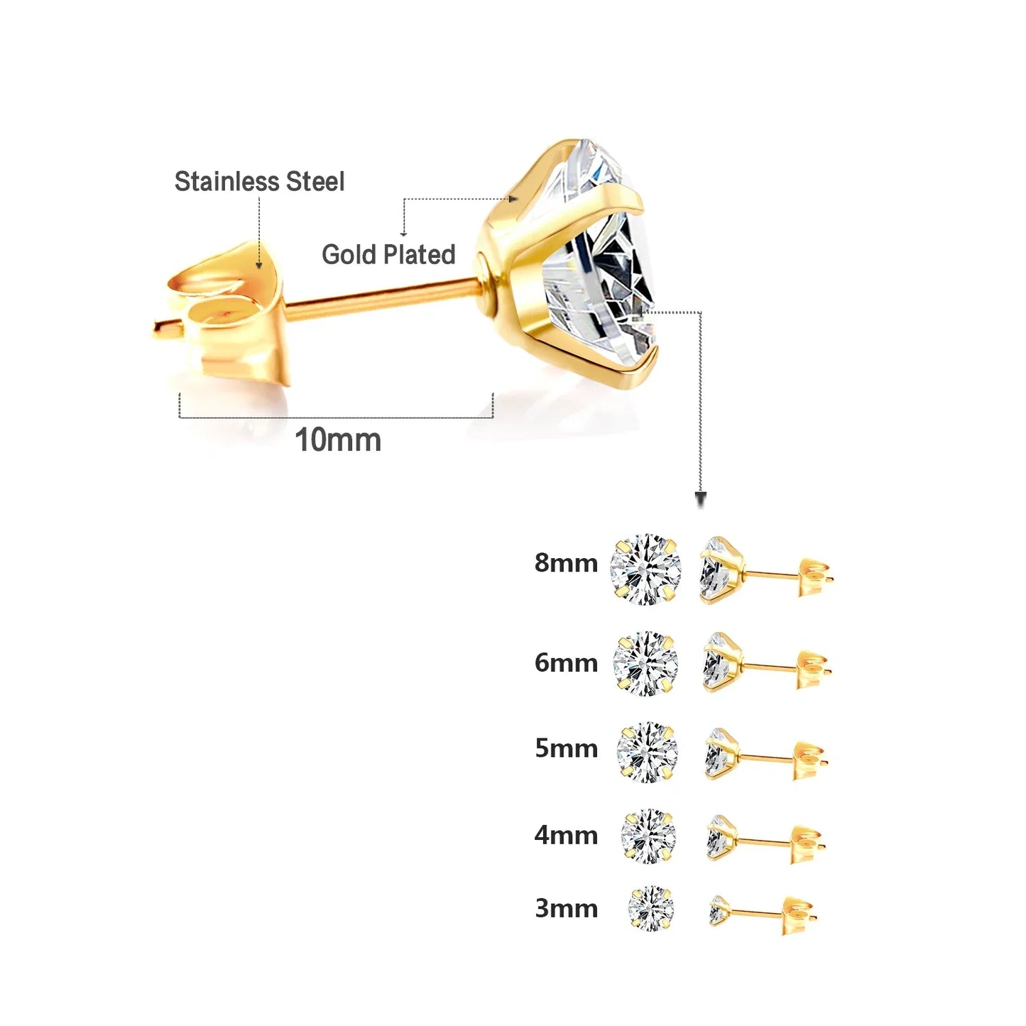 LUXUSTEEL Stainless Steel Crystal Stud Earrings –  4-Prong Cubic Zirconia Round Tragus Earrings for Women & Men